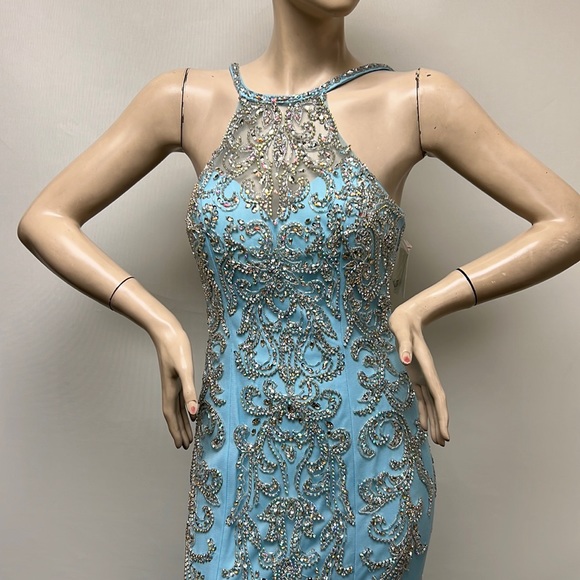 Montage by MON Cheri mermaid mock neck embroidered low back long gown - Picture 5 of 16